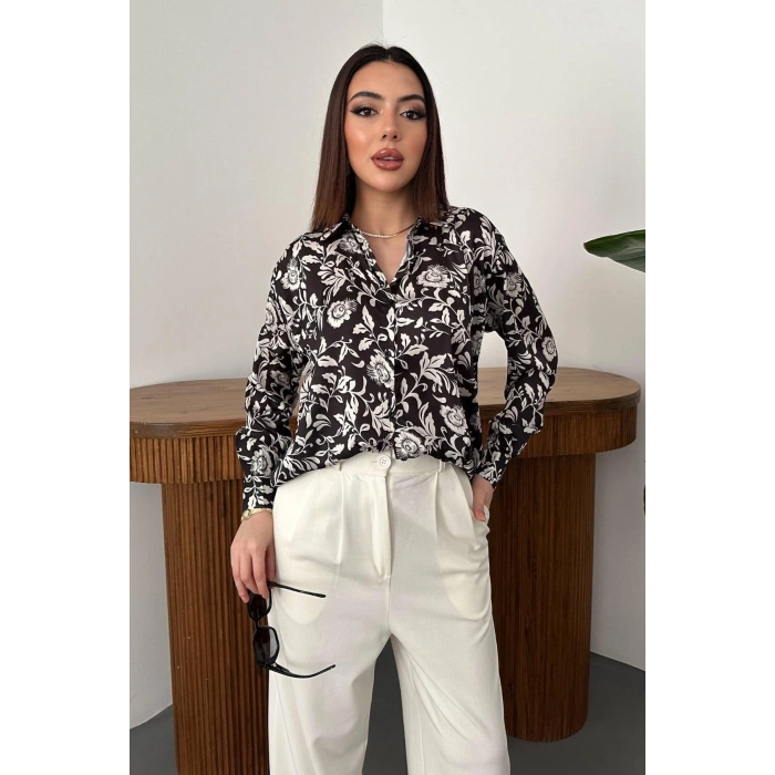 Siyah Desenli Oversize Viskon Gömlek - Siyah