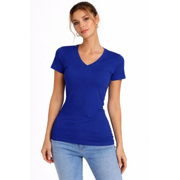 T-Shirt V Yaka Slim Fit Likralı Tişört Günlük Basic Body - İndigo