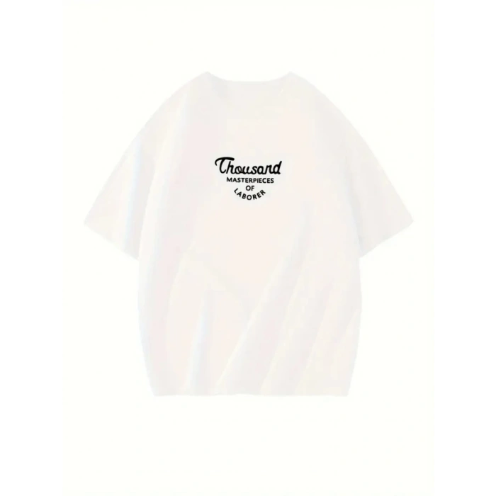Thousand Baskılı Oversize Bisiklet Yaka T-shirt - Beyaz