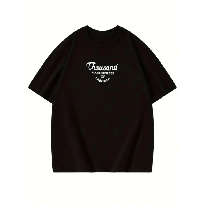 Thousand Baskılı Oversize Bisiklet Yaka T-shirt - Siyah