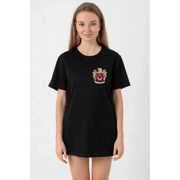 Türk Arma Baskılı Oversize Bisiklet Yaka Günlük T-shirt - Siyah