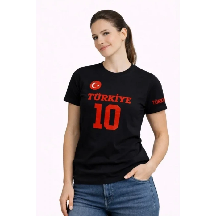 TÜRKİYE Ay Yıldız Baskılı 10 Numara Forma Tişört Taraftar T-Shirt - Siyah