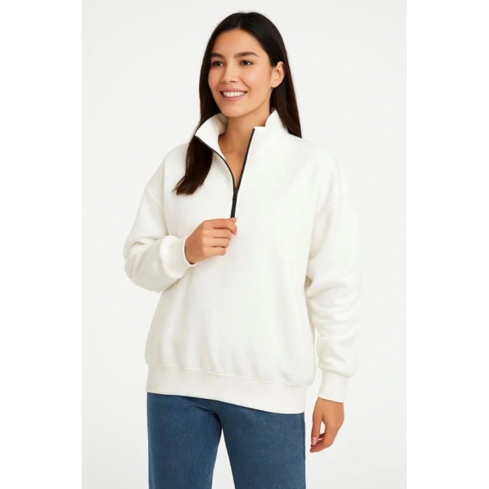 Üç İplik Dık Yaka Yarım Fermuarlı SweatShirt - Beyaz