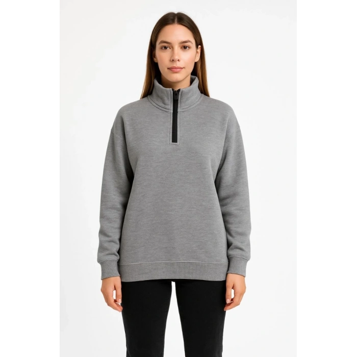 Üç İplik Dık Yaka Yarım Fermuarlı SweatShirt - Gri