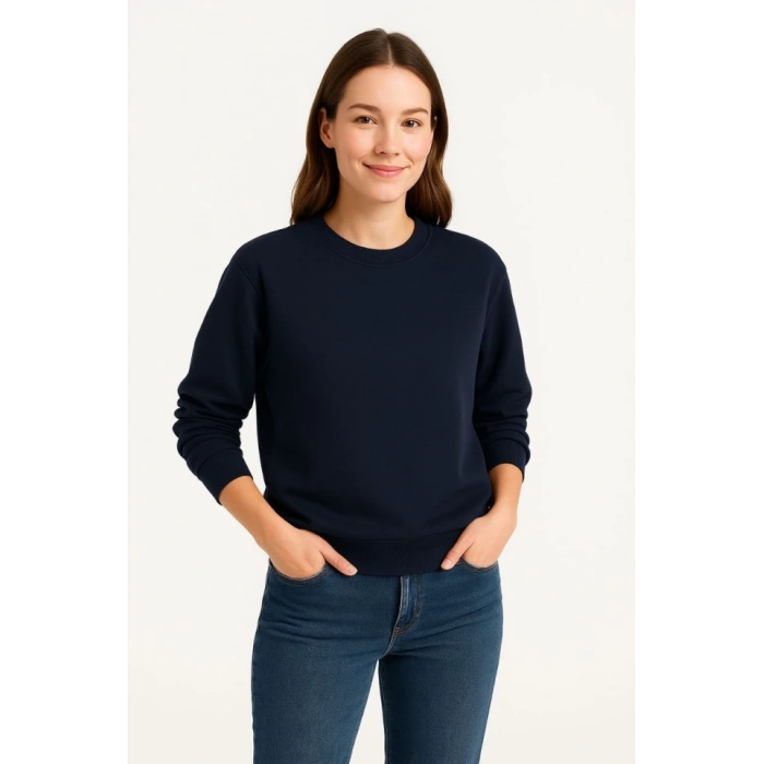 Üç İplik Düz Bisiklet Yaka SweatShirt - Lacivert
