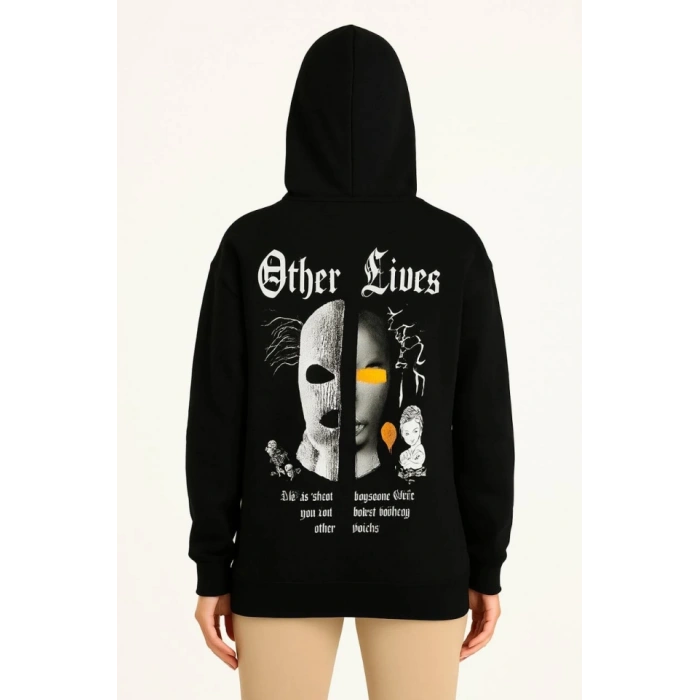Üç İplik Kapşonlu ön Ve Arka Baskılı SweatShirt Hoodie- Siyah