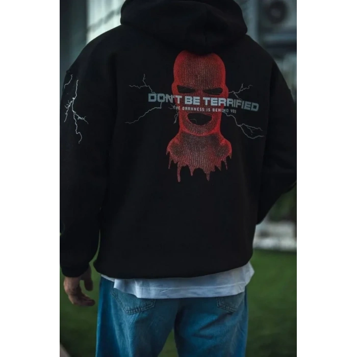 Üç İplik Kapüşonlu Baskılı Oversize SweatShirt- Siyah