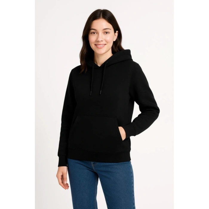 Üç İplik Kapüşonlu Kanguru Çepli SweatShirt Hoodie - Siyah