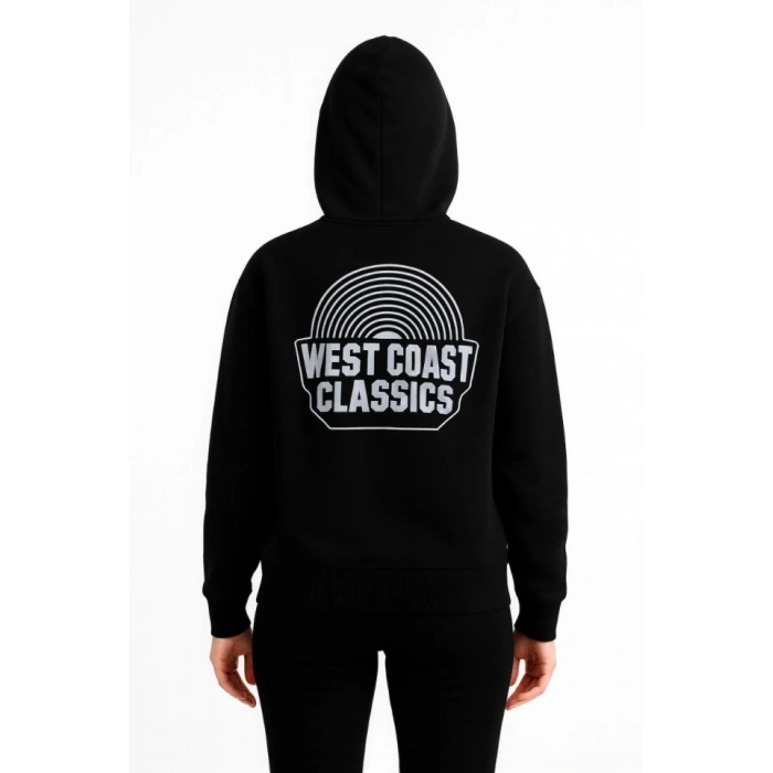 Üç İplik Kapüşonlu Ön Ve Arka Baskılı SweatShirt Hoodie - Siyah