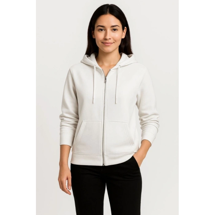 Üç İplik Kapüşonlu Tam Fermuarlı Kanguru Çepli SweatShirt Hoodie - Beyaz
