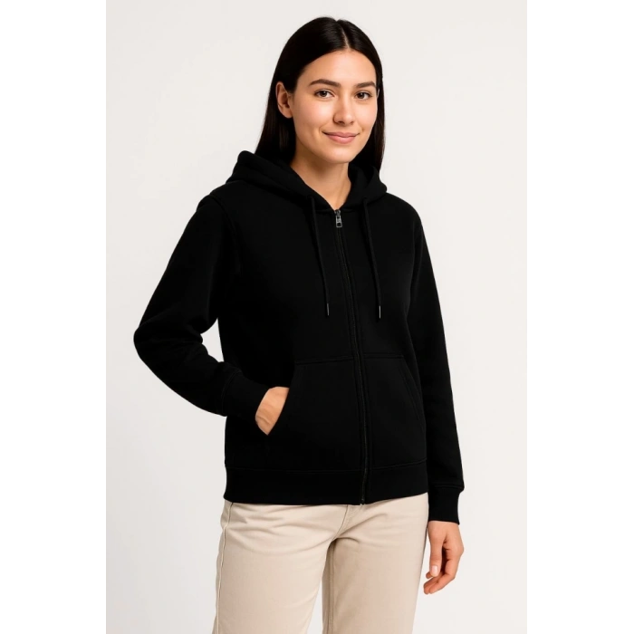 Üç İplik Kapüşonlu Tam Fermuarlı Kanguru Çepli SweatShirt Hoodie - Siyah