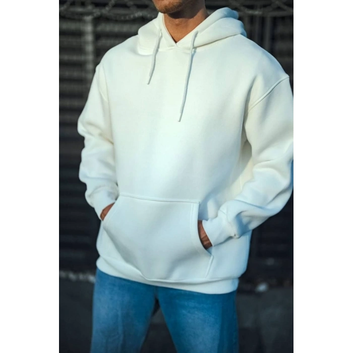 Üç İplik Penye Kapşonlu Basic SweatShirt - Beyaz
