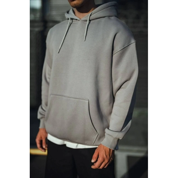 Üç İplik Penye Kapşonlu Basic SweatShirt - Boyalı Gri