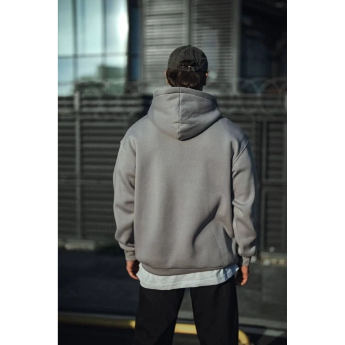 Üç İplik Penye Kapşonlu Basic SweatShirt - Boyalı Gri