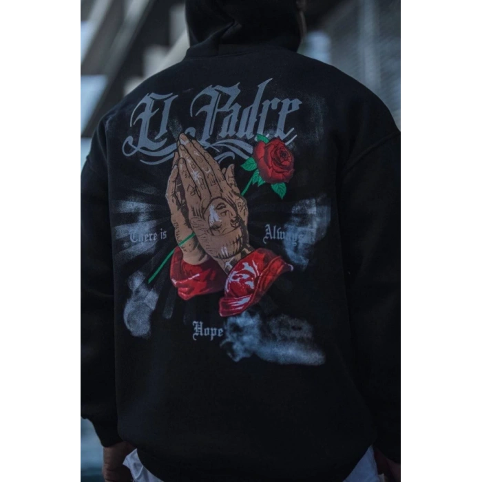 Üç İplik Penye Kapşonlu Baskılı SweatShirt - Siyah