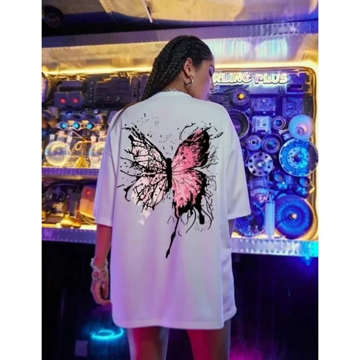 Unisex Baskılı Oversize T-Shirt - Beyaz