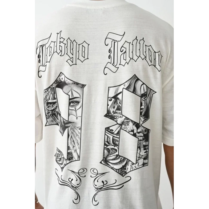 Unisex Baskılı Oversize T-Shirt - Beyaz