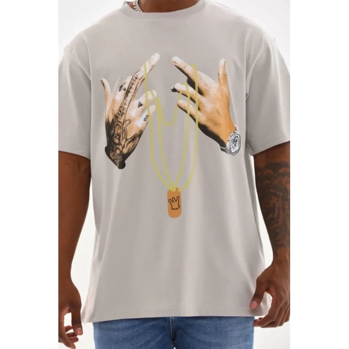 Unisex Baskılı Oversize T-Shirt - Gri