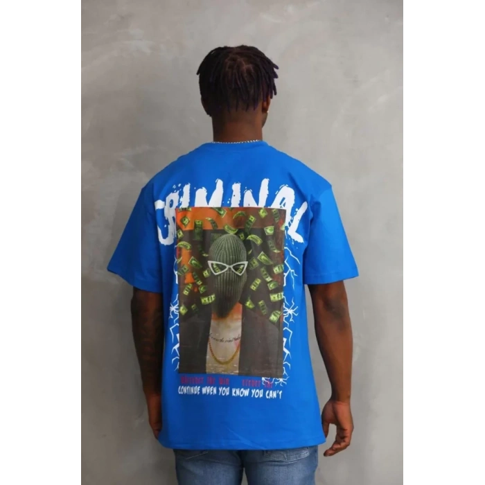 Unisex Baskılı Oversize T-Shirt - Mavi