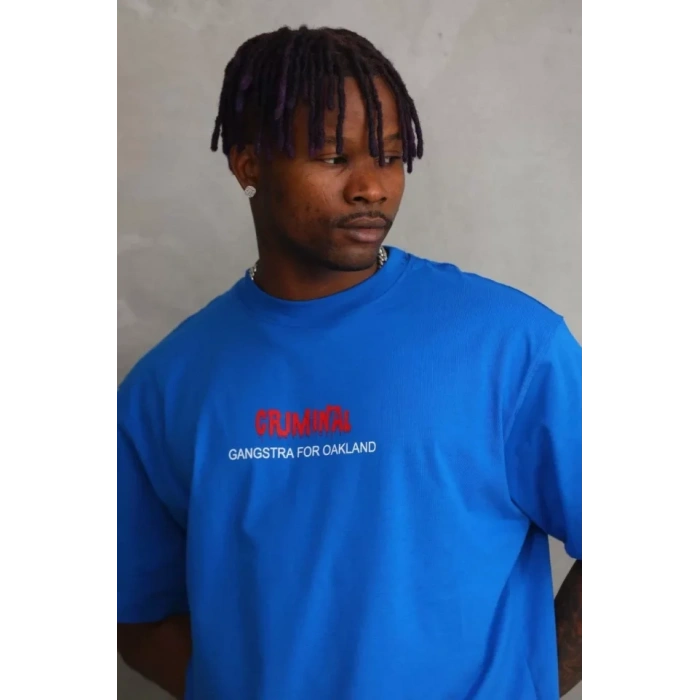 Unisex Baskılı Oversize T-Shirt - Mavi