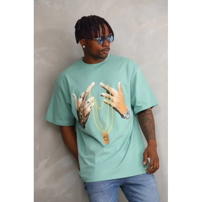 Unisex Baskılı Oversize T-Shirt - Mint Yeşili