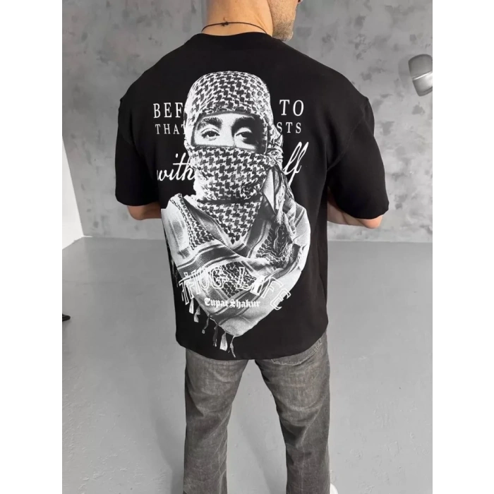 Unisex Baskılı Oversize T-Shirt - Siyah