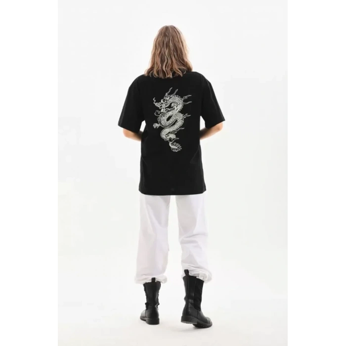 Unisex Baskılı Oversize T-Shirt - Siyah