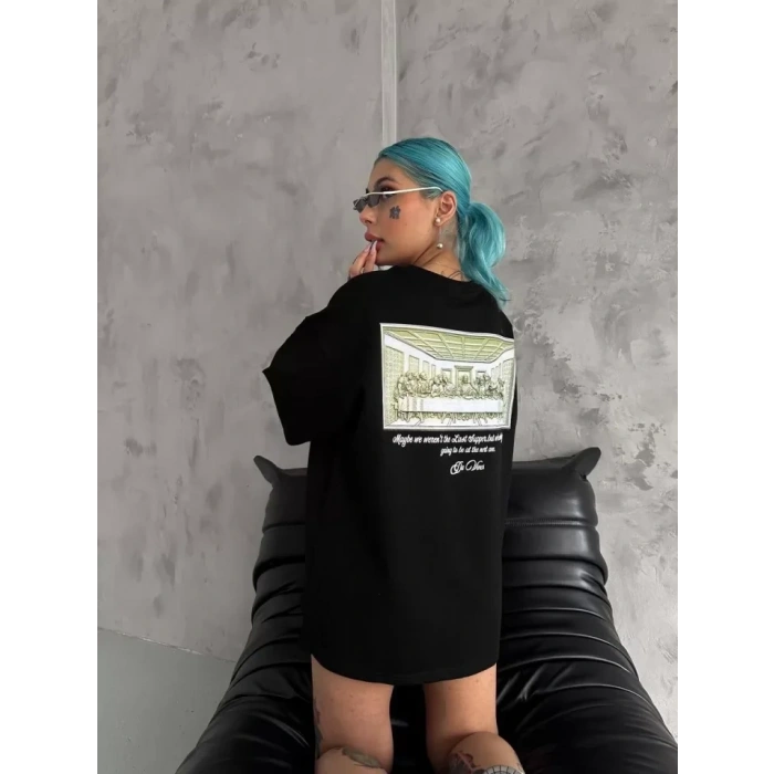 Unisex Baskılı Oversize T-Shirt - Siyah