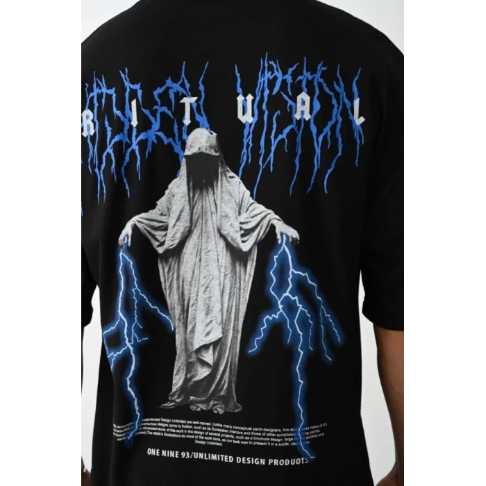 Unisex Baskılı Oversize T-Shirt - Siyah