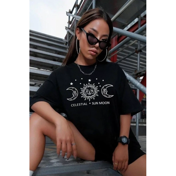 Unisex Baskılı Oversize T-Shirt - Siyah