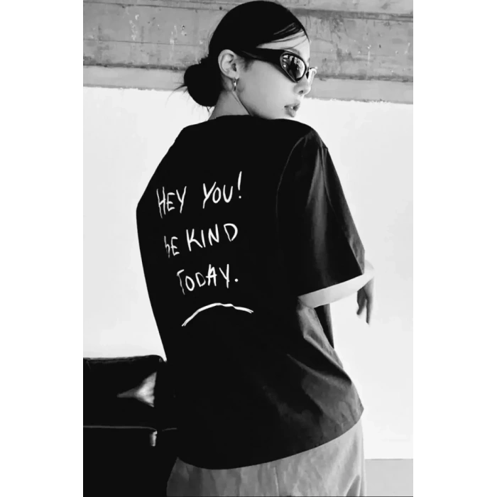 Unisex Baskılı Oversize T-Shirt - Siyah