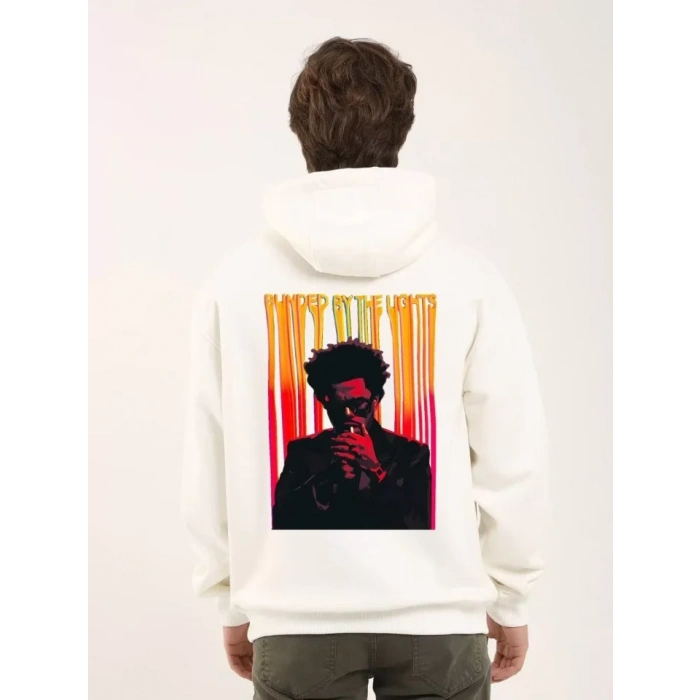 Unisex Baskılı Oversize Üç İplik Kapüşonlu Sweatshirt - Beyaz
