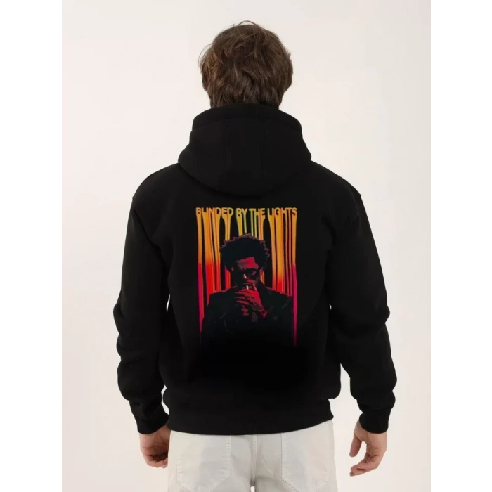Unisex Baskılı Oversize Üç İplik Kapüşonlu Sweatshirt - Siyah