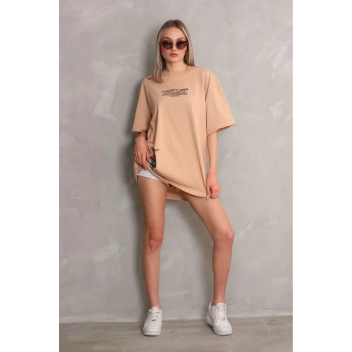 Unisex Bisiklet Yaka Baskılı Oversize T-Shirt - Bej