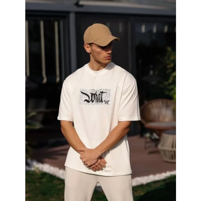 Unisex Bisiklet Yaka Baskılı Oversize T-Shirt - Beyaz