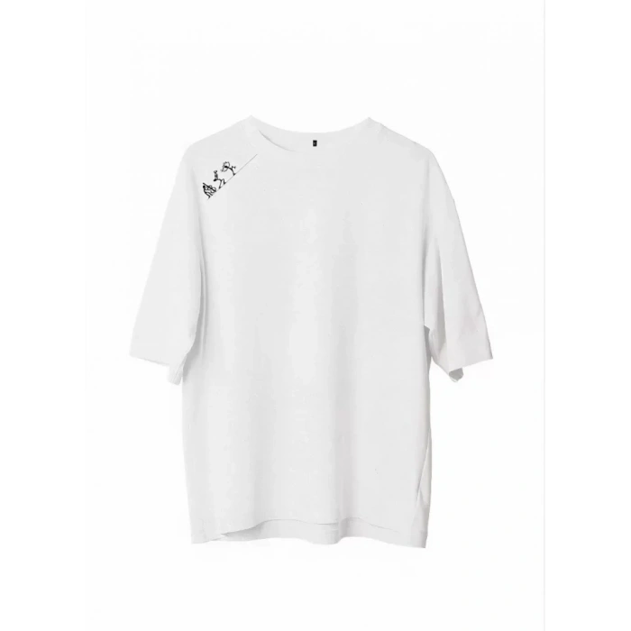 Unisex Bisiklet Yaka Baskılı Oversize T-Shirt - Beyaz