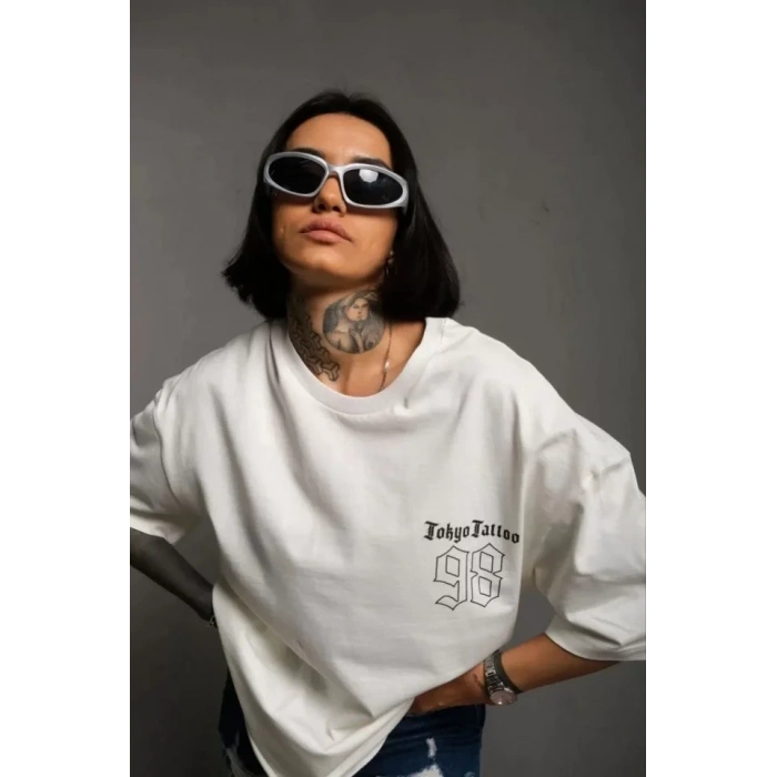 Unisex Bisiklet Yaka Baskılı Oversize T-Shirt - Beyaz