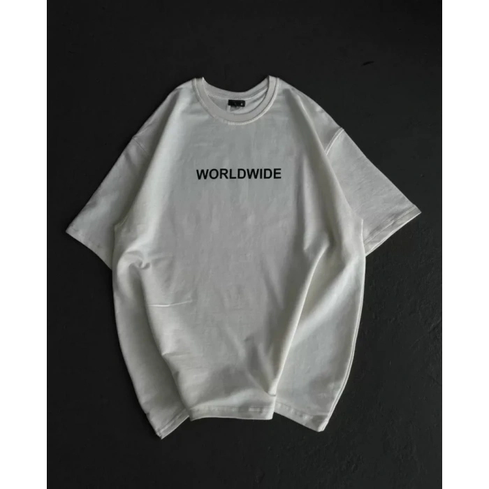 Unisex Bisiklet Yaka Baskılı Oversize T-Shirt - Beyaz