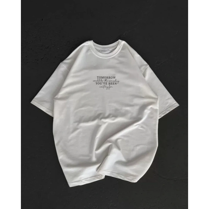Unisex Bisiklet Yaka Baskılı Oversize T-Shirt - Beyaz