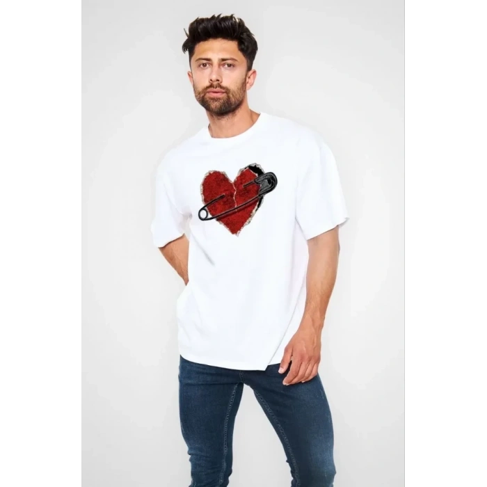 Unisex Bisiklet Yaka Baskılı Oversize T-Shirt - Beyaz