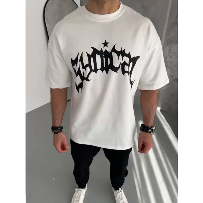 Unisex Bisiklet Yaka Baskılı Oversize T-Shirt - Beyaz