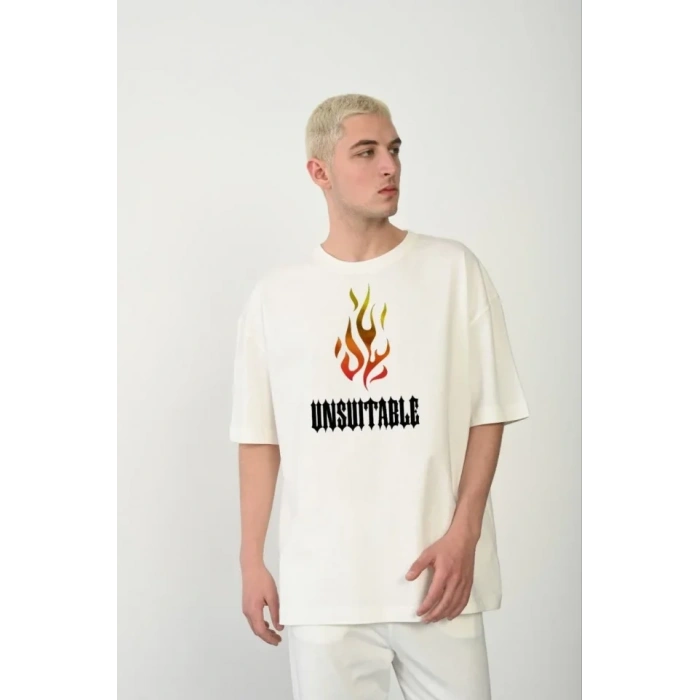 Unisex Bisiklet Yaka Baskılı Oversize T-Shirt - Beyaz