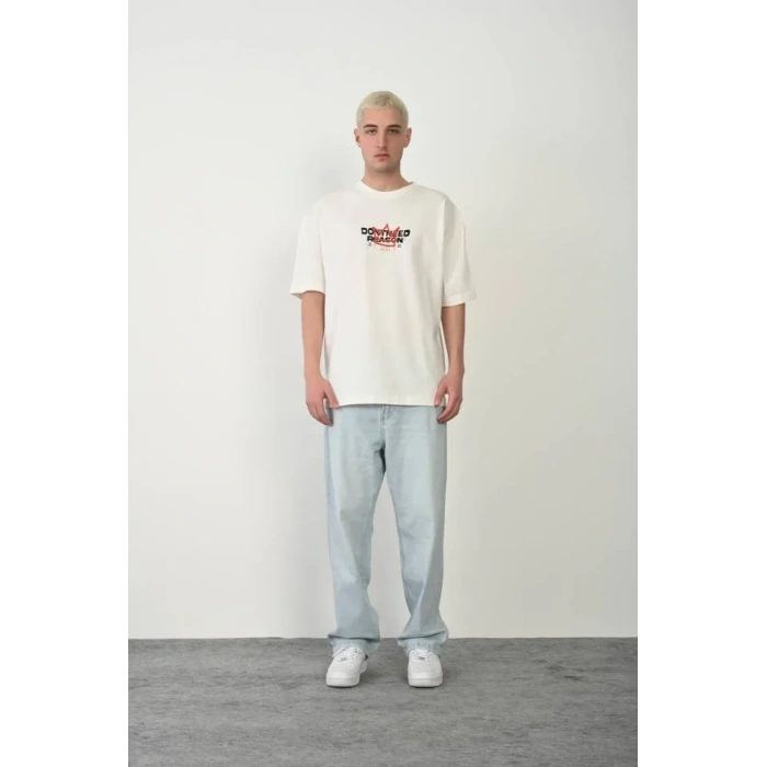Unisex Bisiklet Yaka Baskılı Oversize T-Shirt - Beyaz