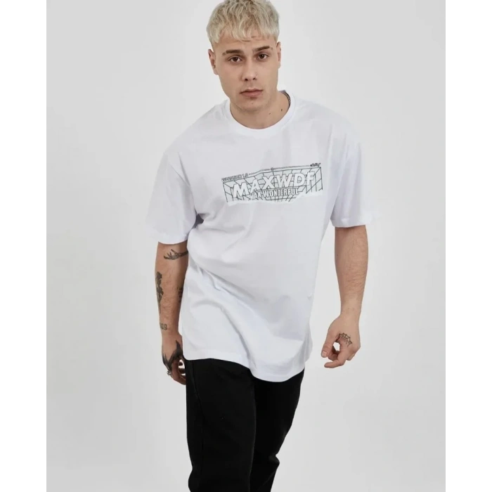 Unisex Bisiklet Yaka Baskılı Oversize T-Shirt - Beyaz
