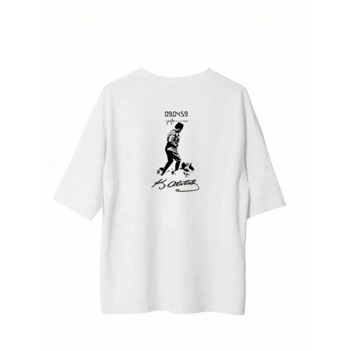 Unisex Bisiklet Yaka Baskılı Oversize T-Shirt - Beyaz