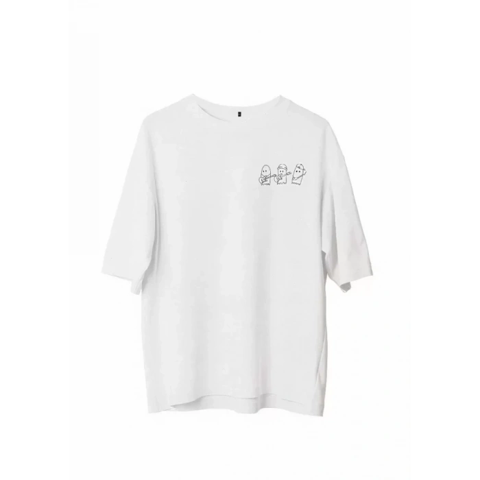 Unisex Bisiklet Yaka Baskılı Oversize T-Shirt - Beyaz