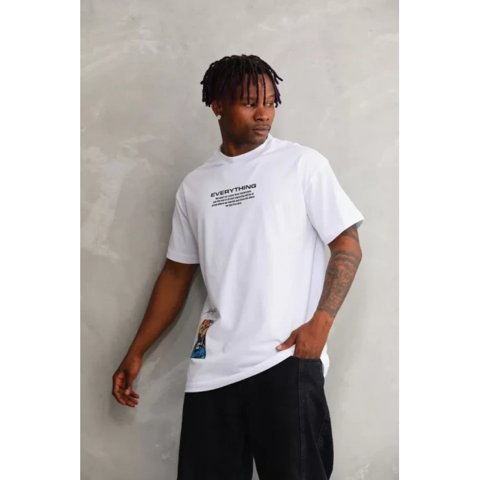 Unisex Bisiklet Yaka Baskılı Oversize T-Shirt - Beyaz