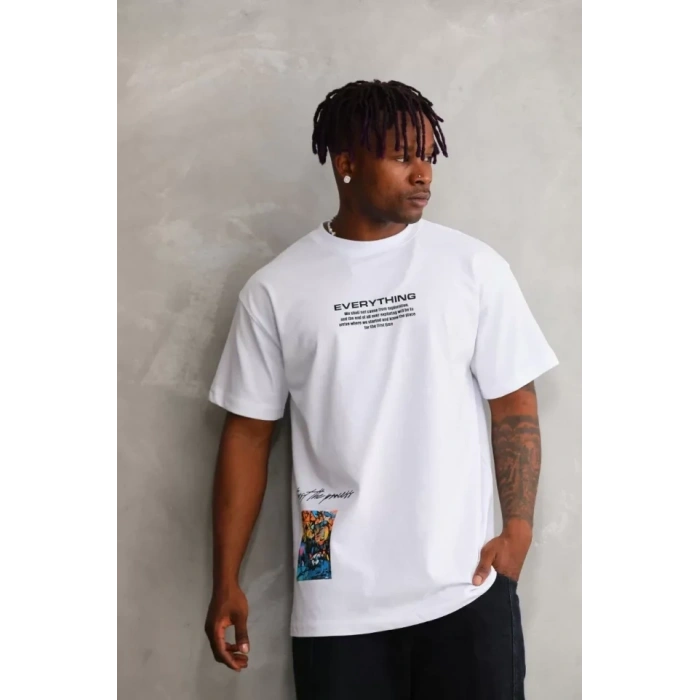 Unisex Bisiklet Yaka Baskılı Oversize T-Shirt - Beyaz