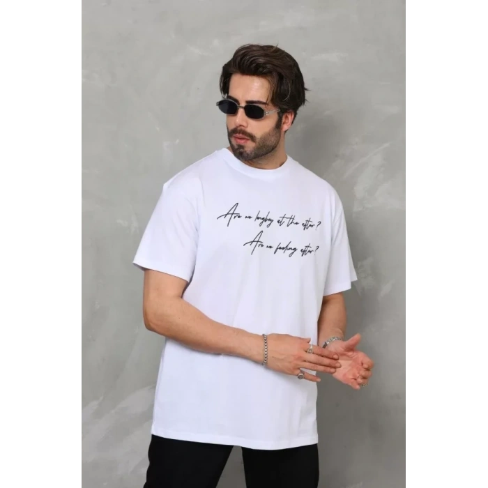 Unisex Bisiklet Yaka Baskılı Oversize T-Shirt - Beyaz