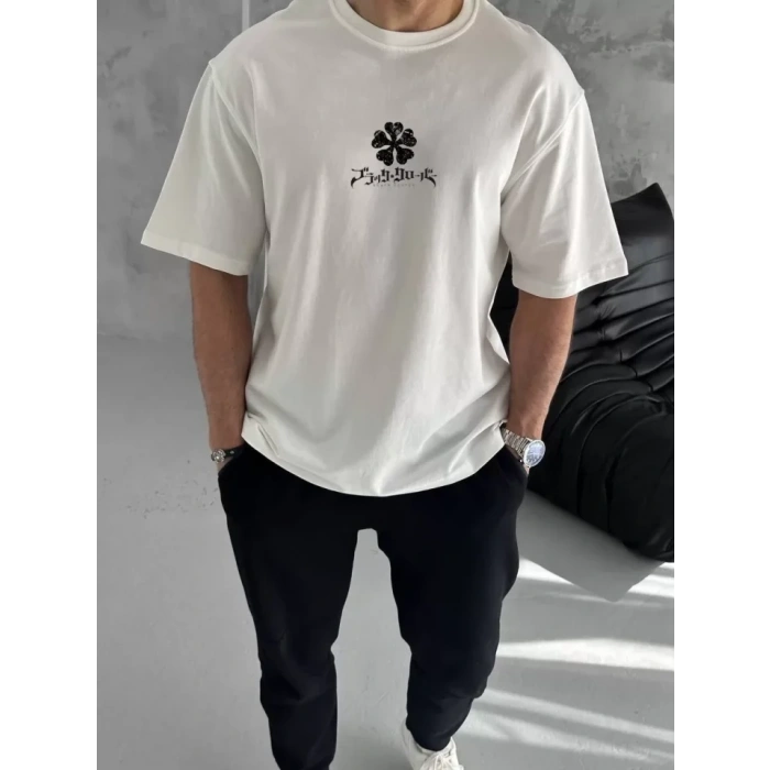 Unisex Bisiklet Yaka Baskılı Oversize T-Shirt - Beyaz